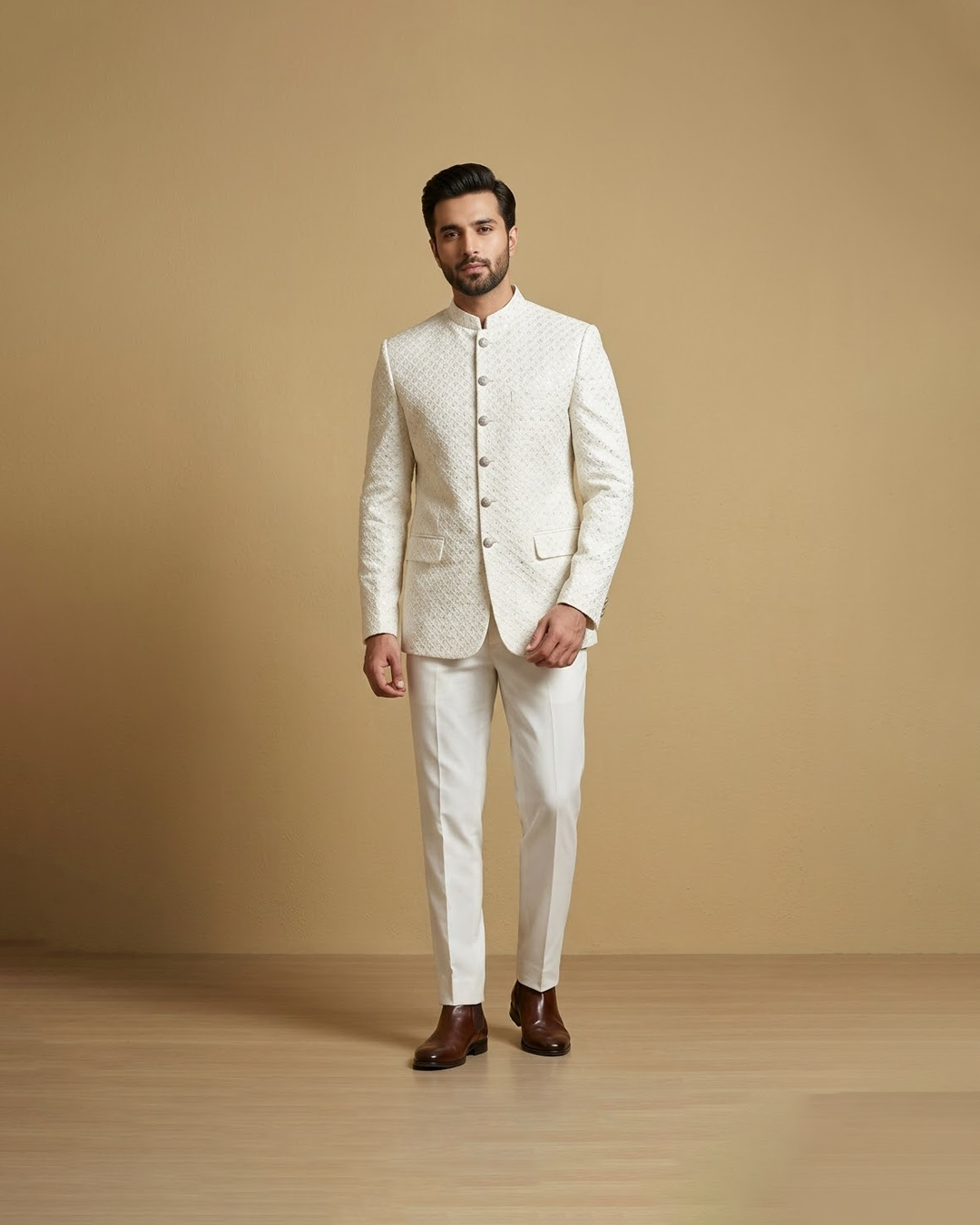 White self embroidered buttoned princecoat