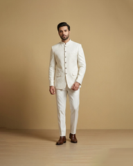 White self embroidered buttoned princecoat