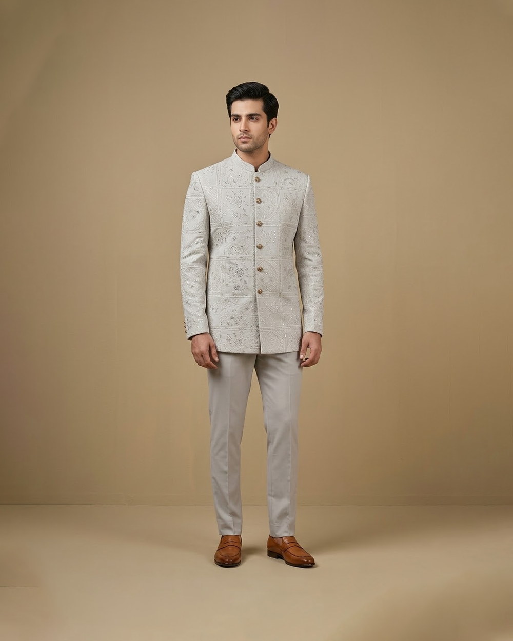 White self embroidered buttoned prince coat