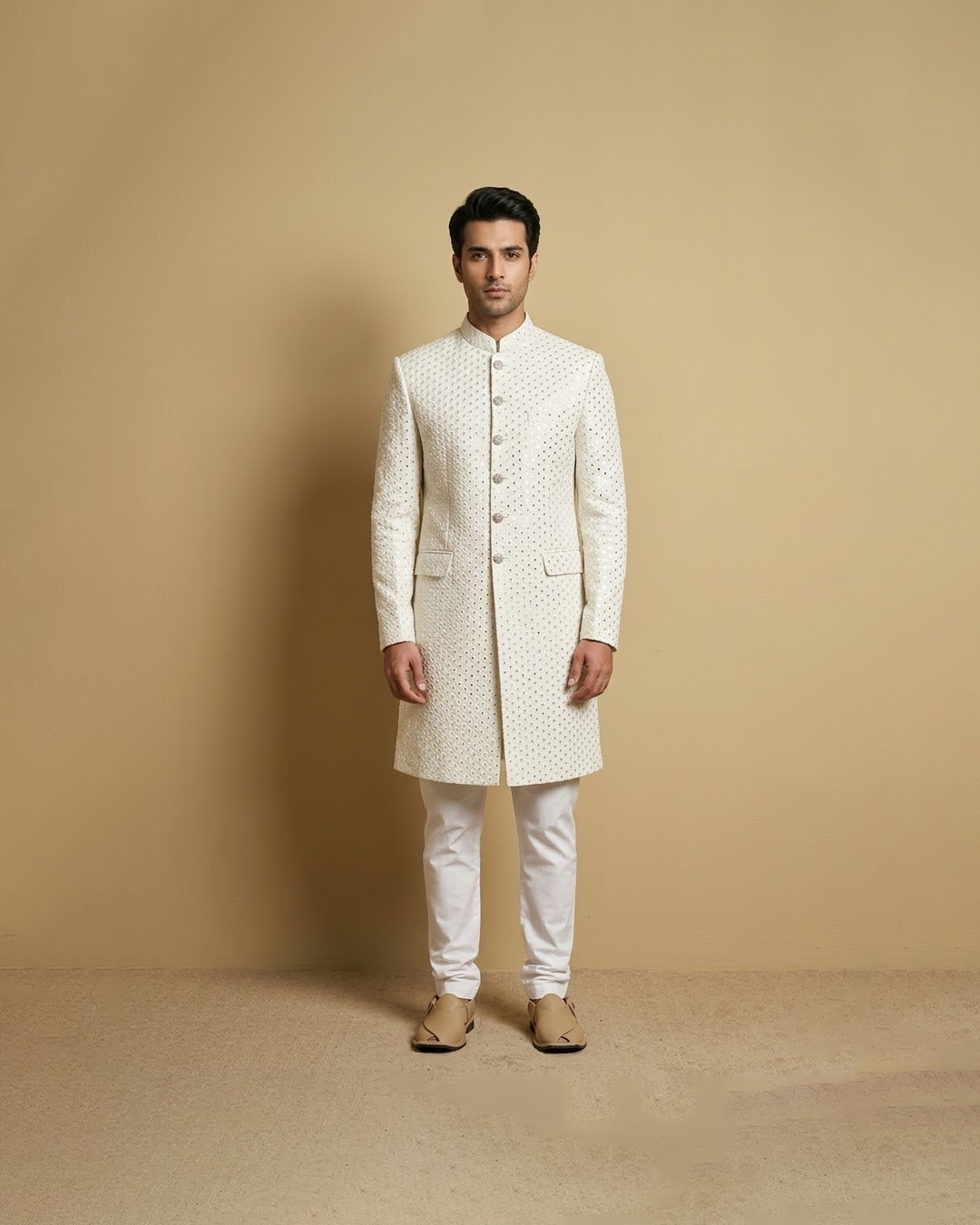 White sheesha work self buttoned prince coat